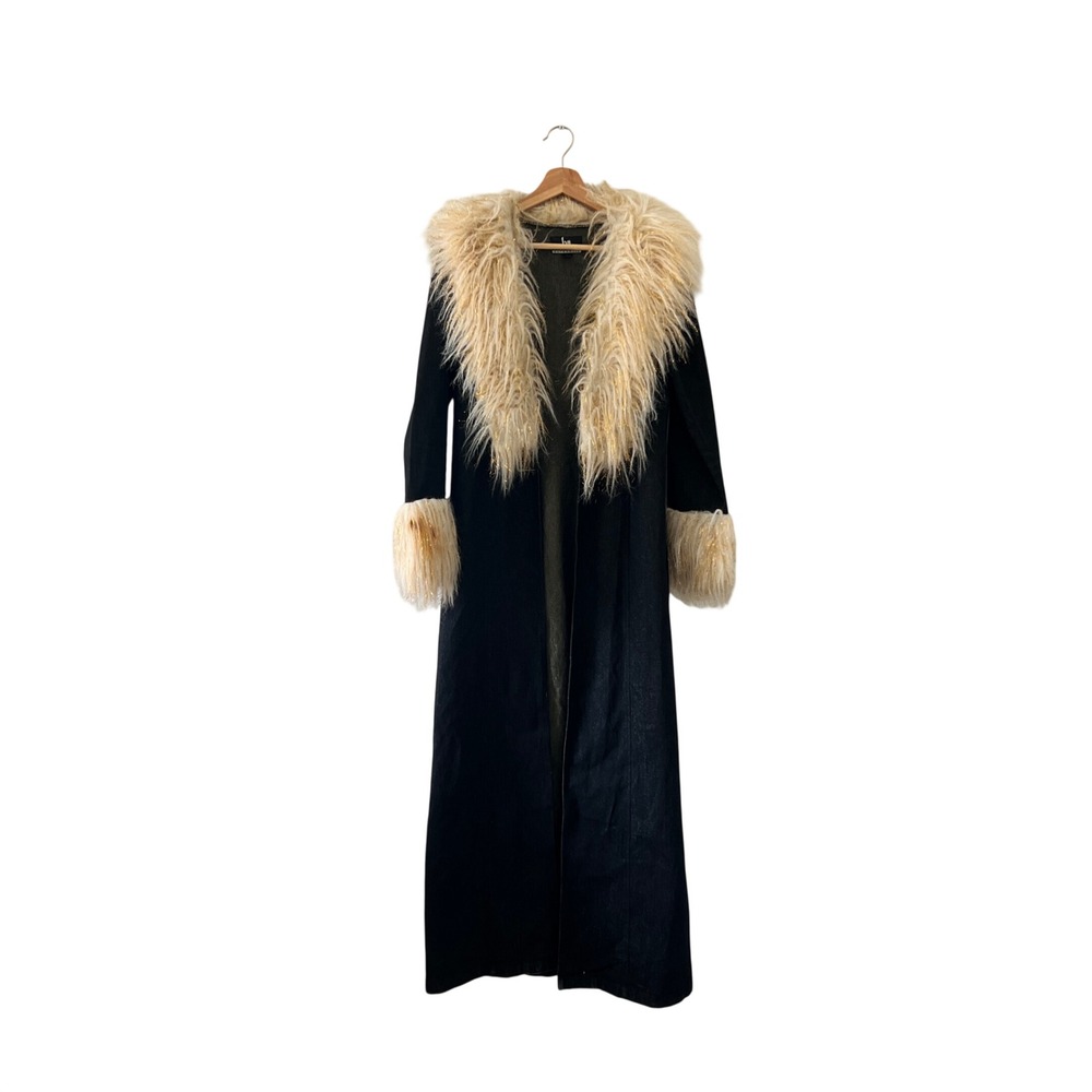 RARE Vintage Blanc Noir Boho Trench Coat Faux Fur Gold Tinsel Trim Size M